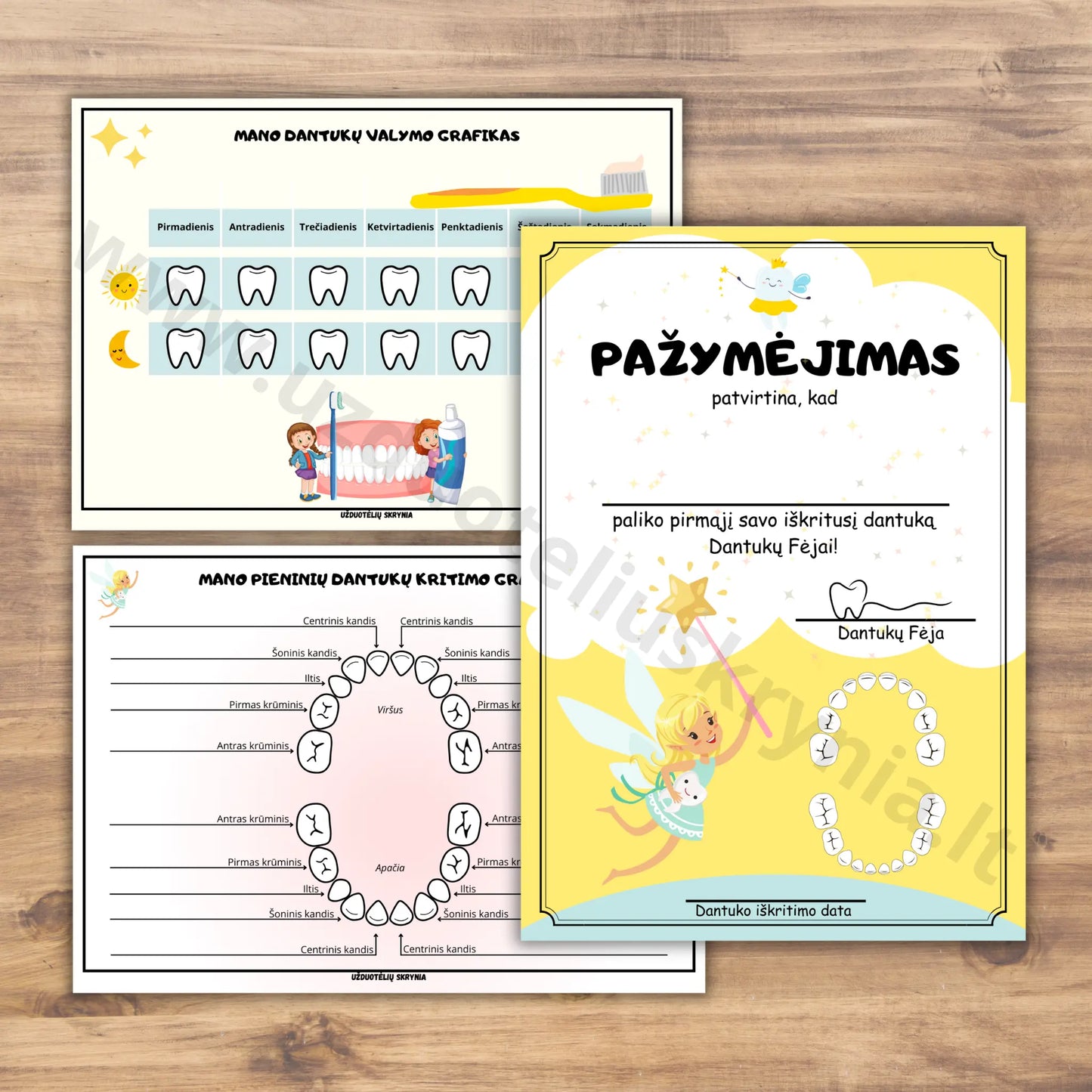 Užduotėlės apie dantukų priežiūrą. Dantukų fėjos pažymėjimas.