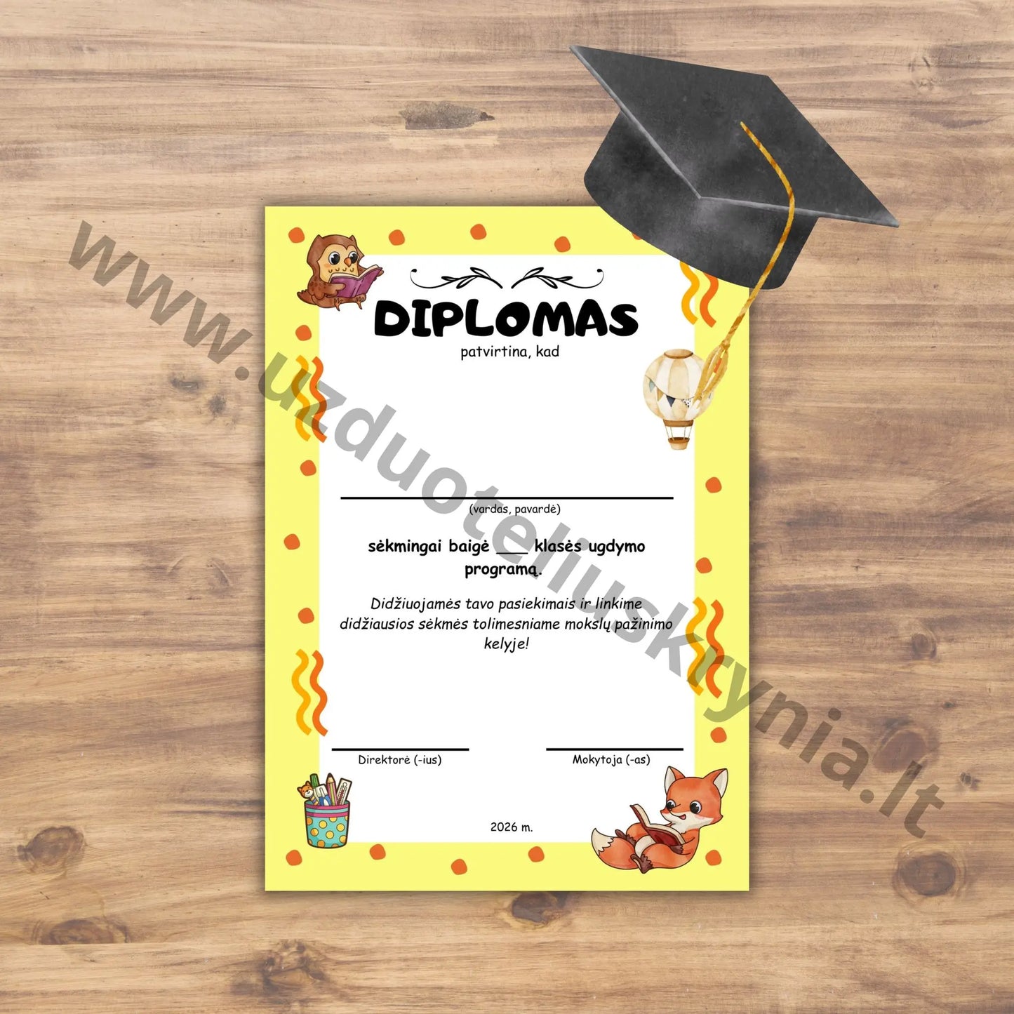 Diplomas vaikams mokslo metų baigimo proga, PDF formatu.