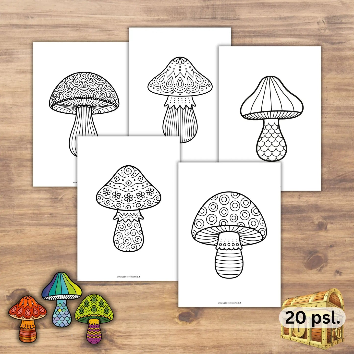 Grybai spalvinti. Grybų mandalos pdf formatu. Tinka vaikams ir suaugusiems.