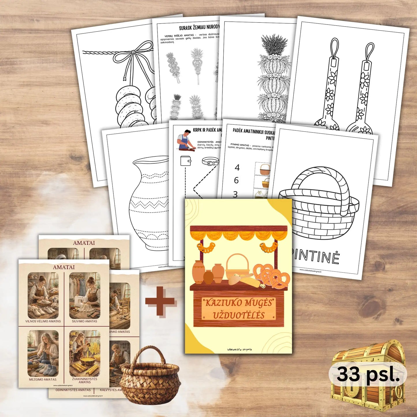 Kaziuko mugės užduotėlės su verbos, vazos, pintinių, šaukšto ir švilpuko šablonais spalvinimui. Lavinamosios amatų kortelės.