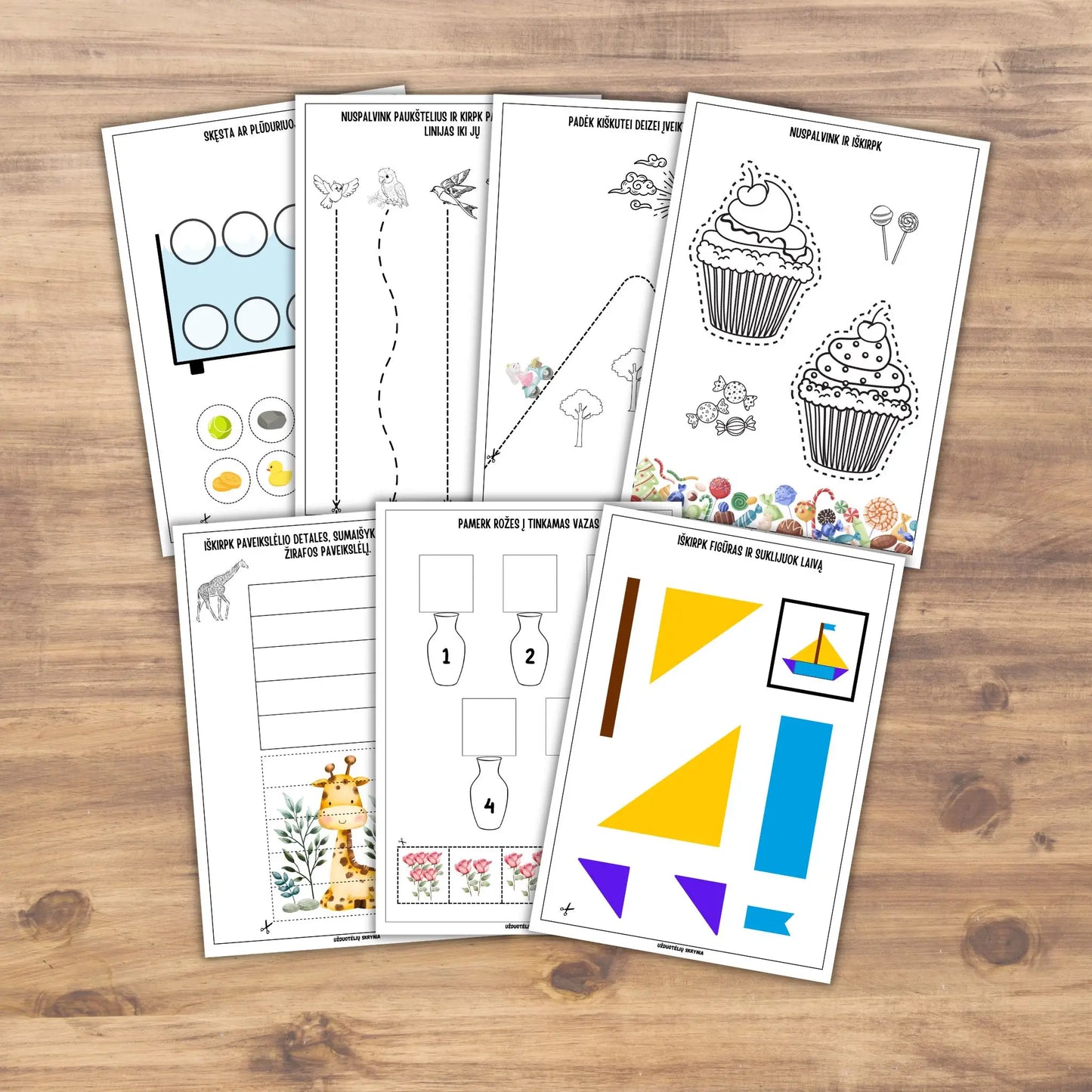 Kirpimo užduotėlės ikimokyklinukams ir priešmokyklinukams pdf formatu. Užduotys kirpimo įgūdžiams lavinti.