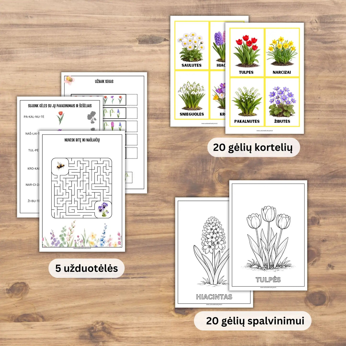 Pavasario gėlių spalvinimo lapai vaikams.