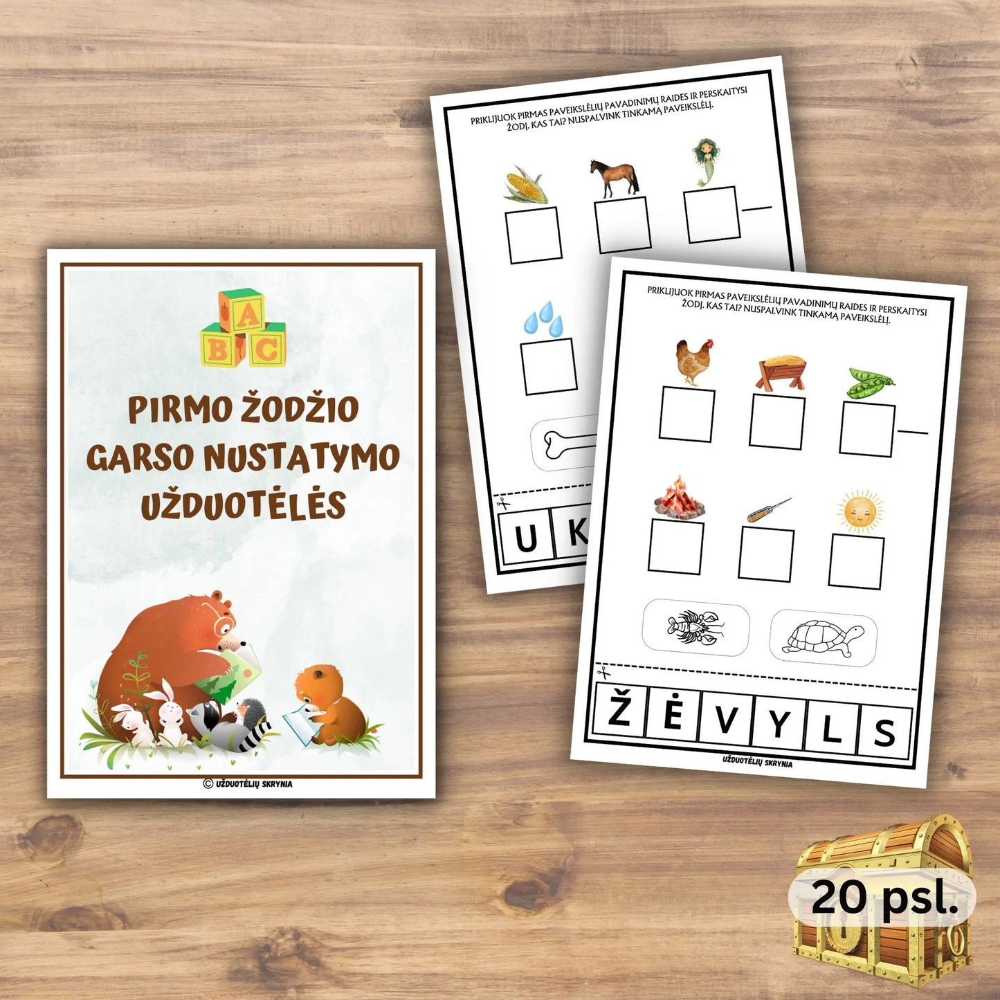 Pirmo žodžio garso nustatymo užduotėlės priešmokyklnukams spausdinti.