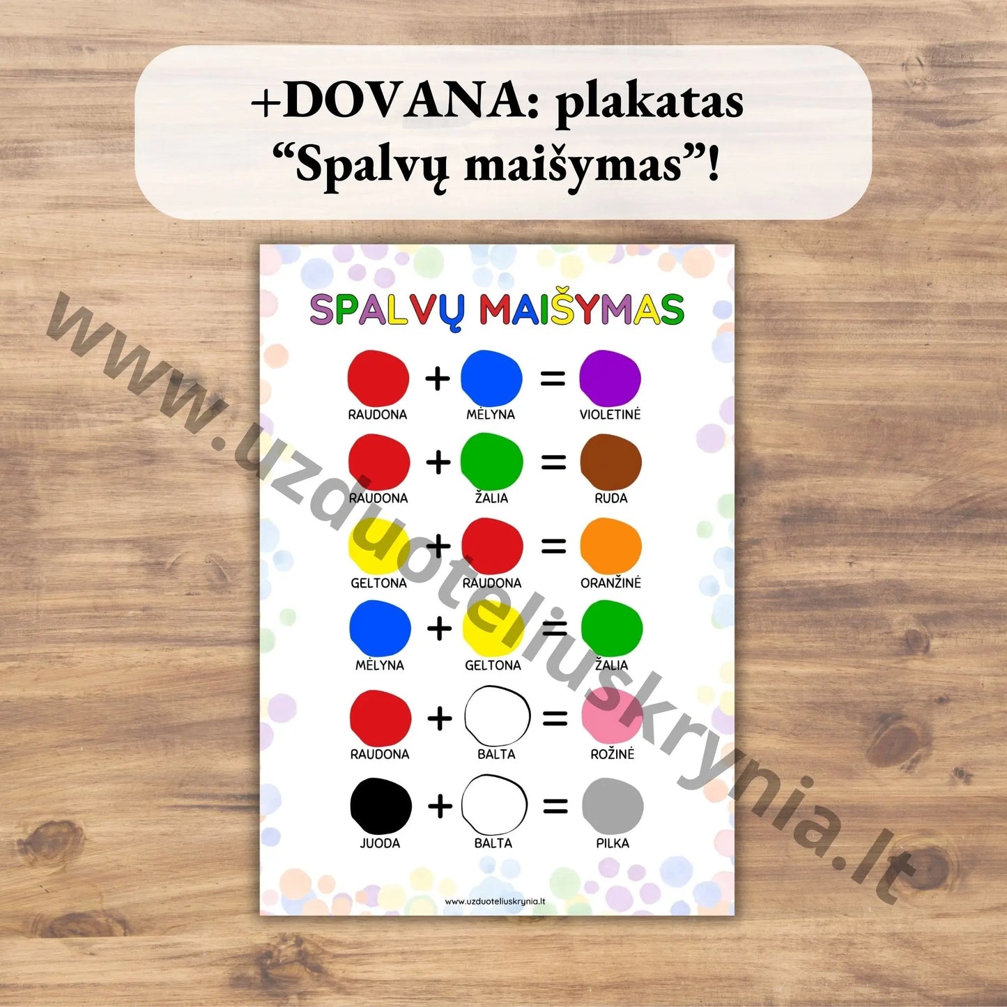 Užduotėlės apie spalvas ikimokyklinukams atsispausdinti. Spalvų maišymo plakatas.