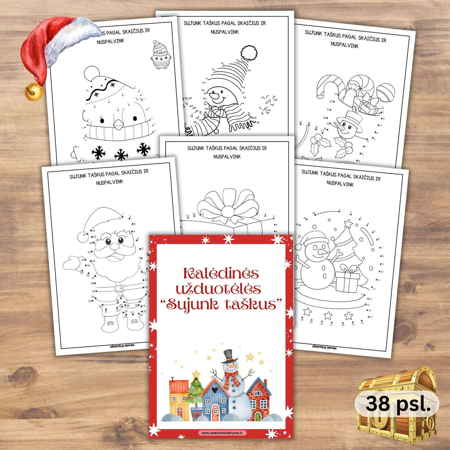 Sujunk taškus pagal skaičius – kalėdinės skaičiavimo ir spalvinimo užduotėlės priešmokyklinukams spausdinimui.