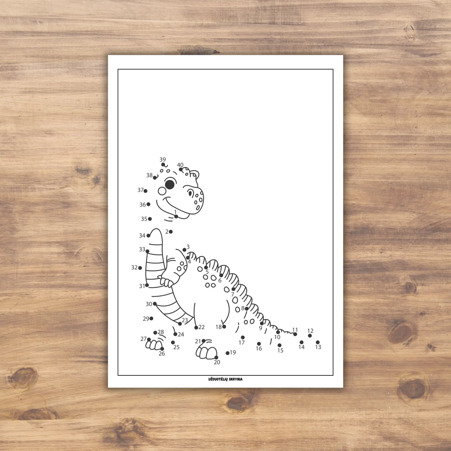 Taškų sujungimo užduotėlės vaikams 5–8 metų. Dinozaurų spalvinimo lapai spausdinimui.