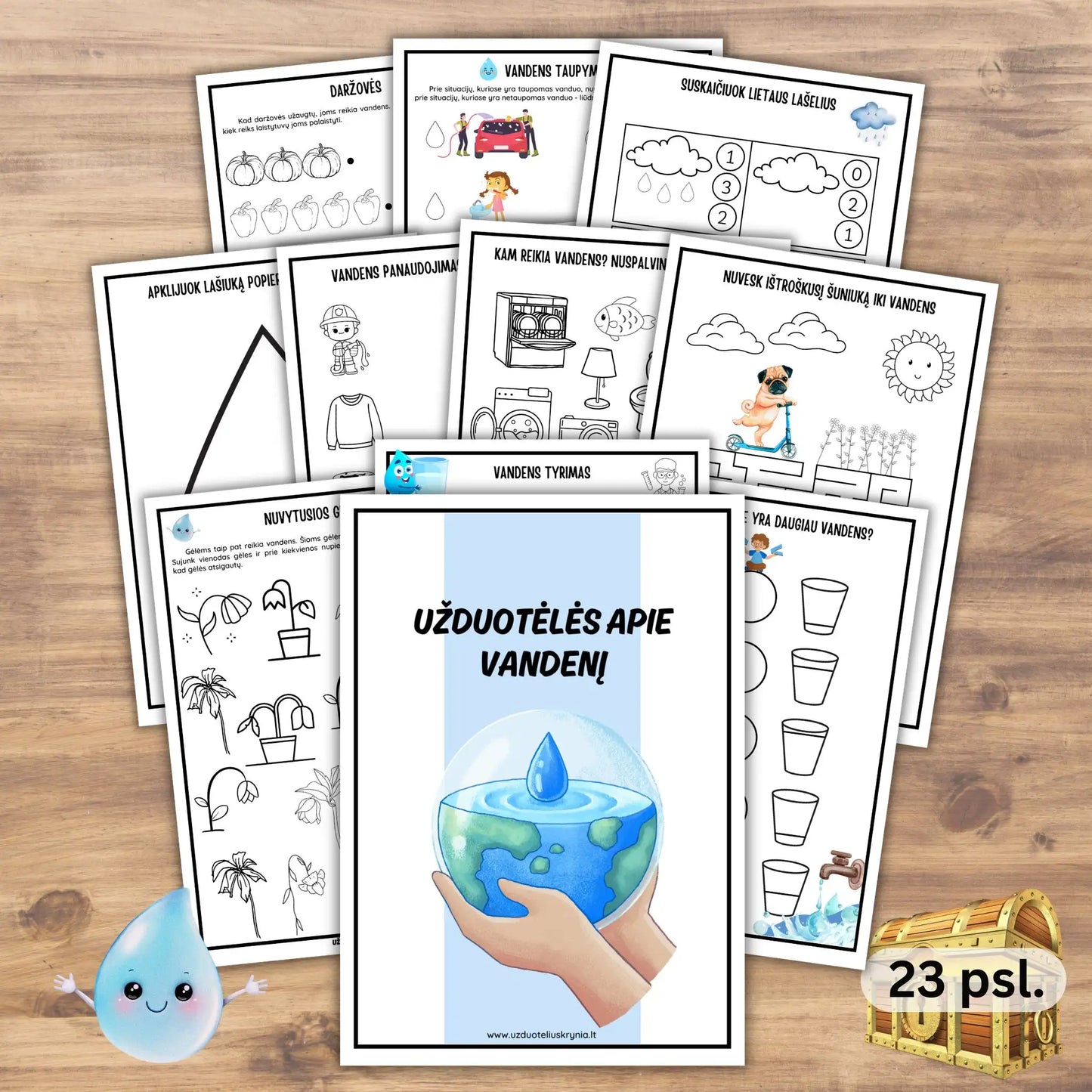 Spausdinamos užduotys apie vandenį vaikams.