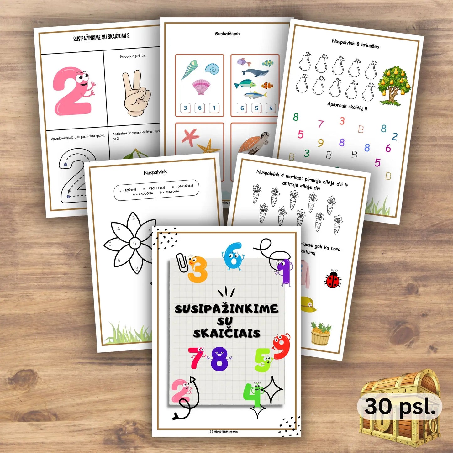 Spausdinamos skaičių pažinimo ir skaičiavimo užduotys PDF formatu.