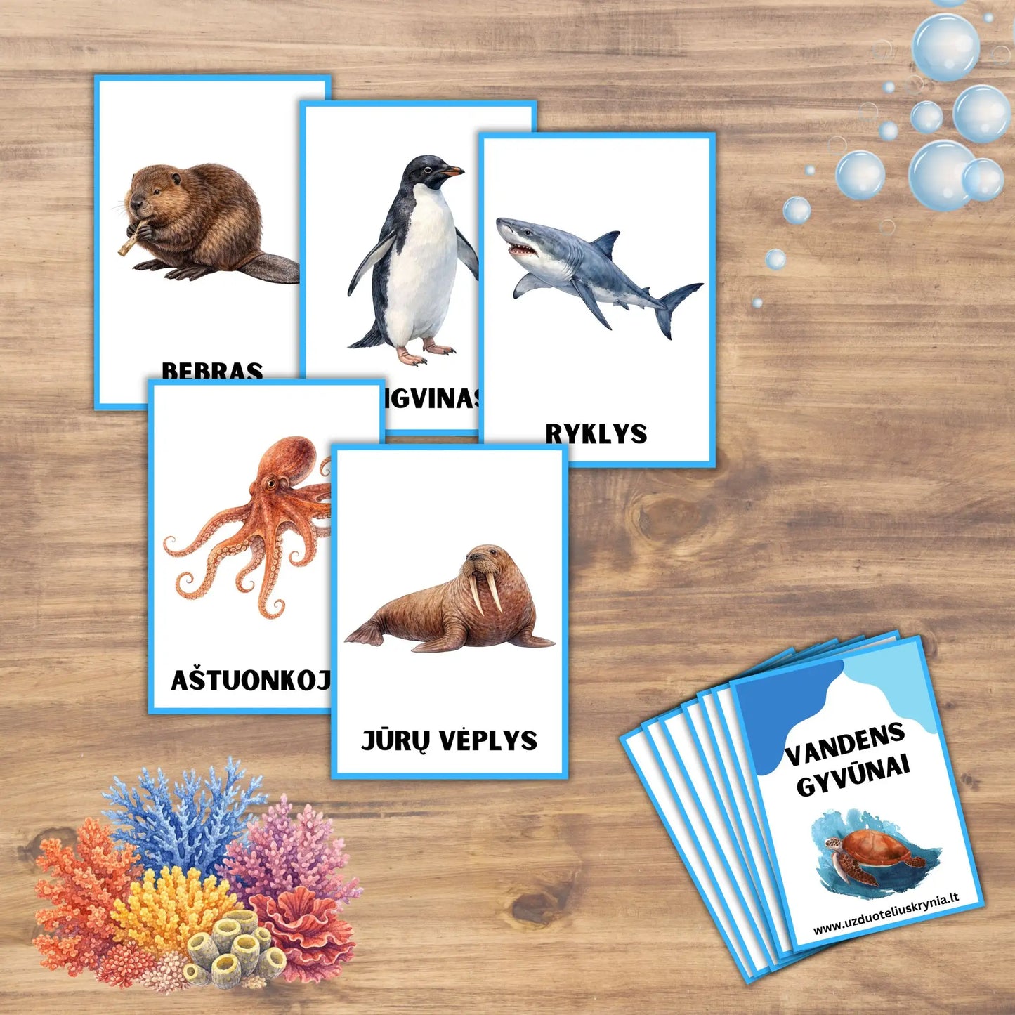 Lavinamosios kortelės vaikams "Vandens gyvūnai".