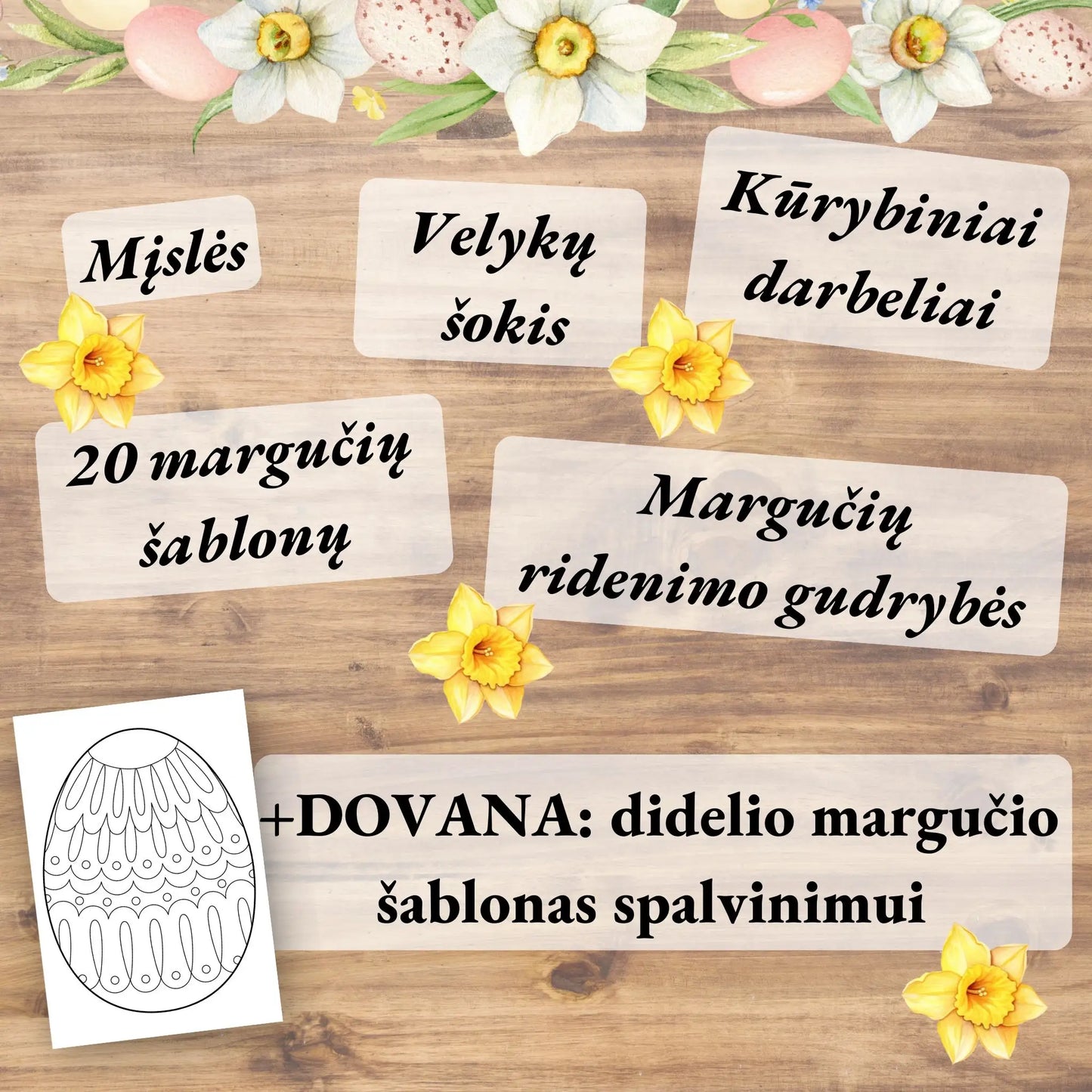 Edukacinis Velykų užduočių rinkinys 3–6 metų vaikams su spalvinimo lapais, mįslėmis, labirintais ir skaičiavimo užduotimis.