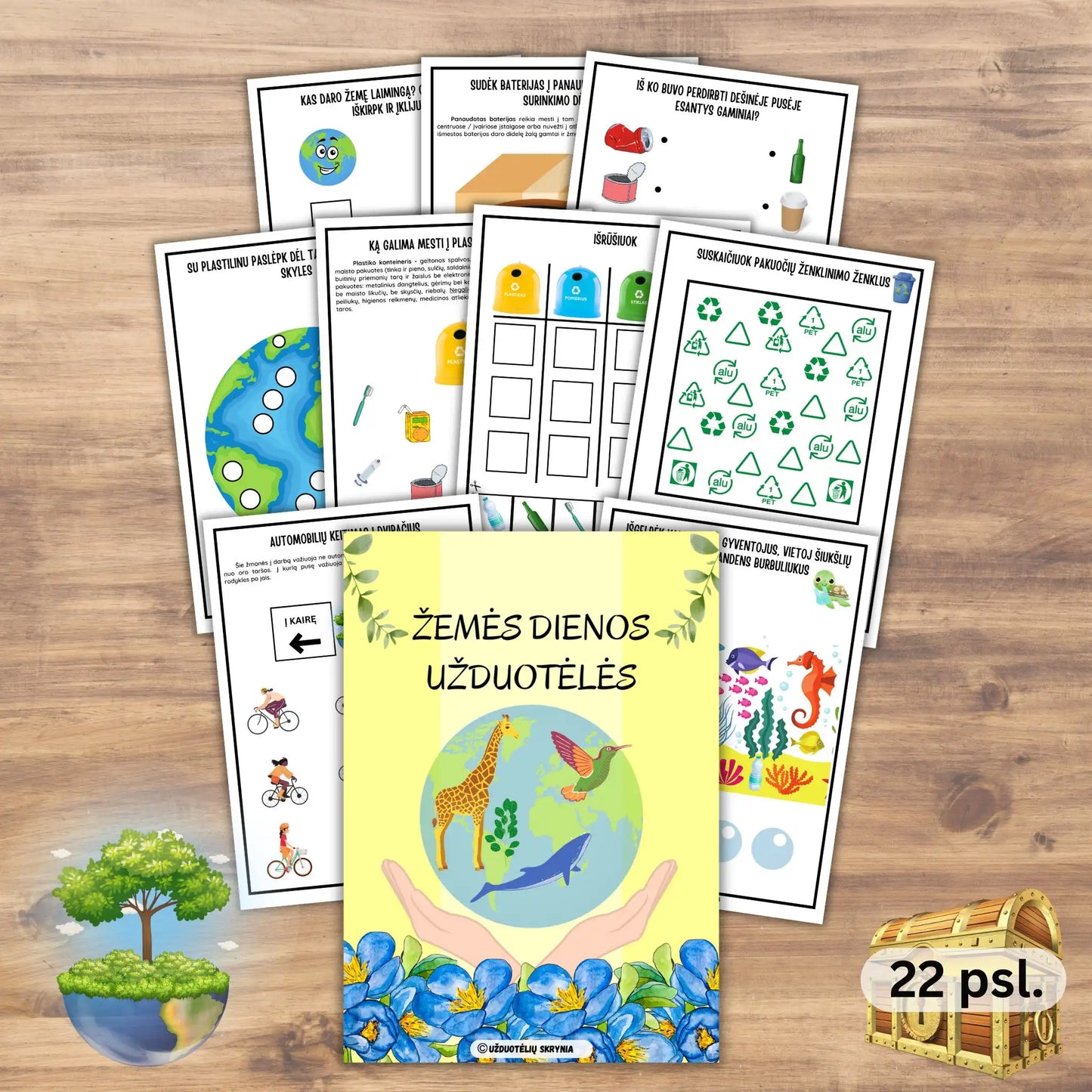 Žemės dienos užduotelės. Užduotys apie atliekų rūšiavimą vaikams atsispausdinti. Užduotys žemės dienai PDF.