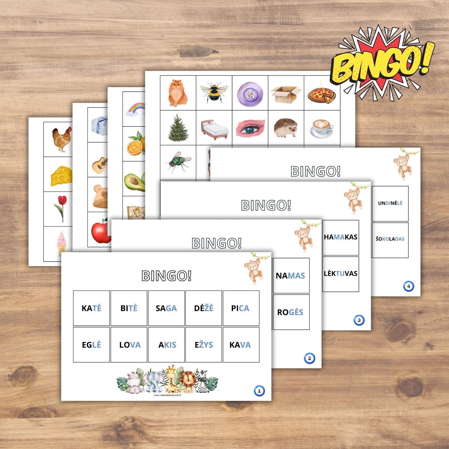 Smagus žodžių bingo žaidimas su mielais paveikslėliais priešmokyklinukams. Puiki priemonė lavinti skaitymo įgūdžius.