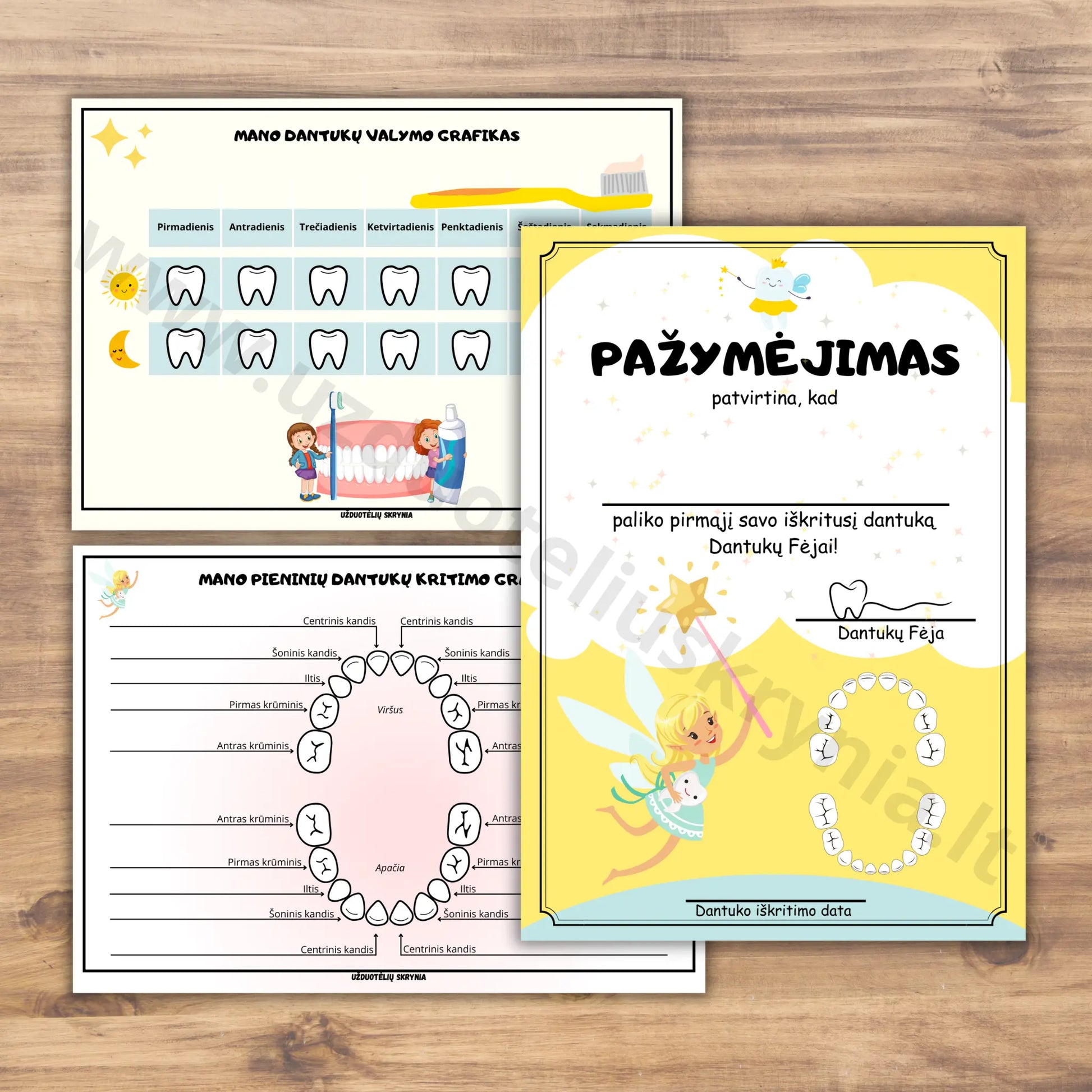Užduotėlės apie dantukų priežiūrą. Dantukų fėjos pažymėjimas.