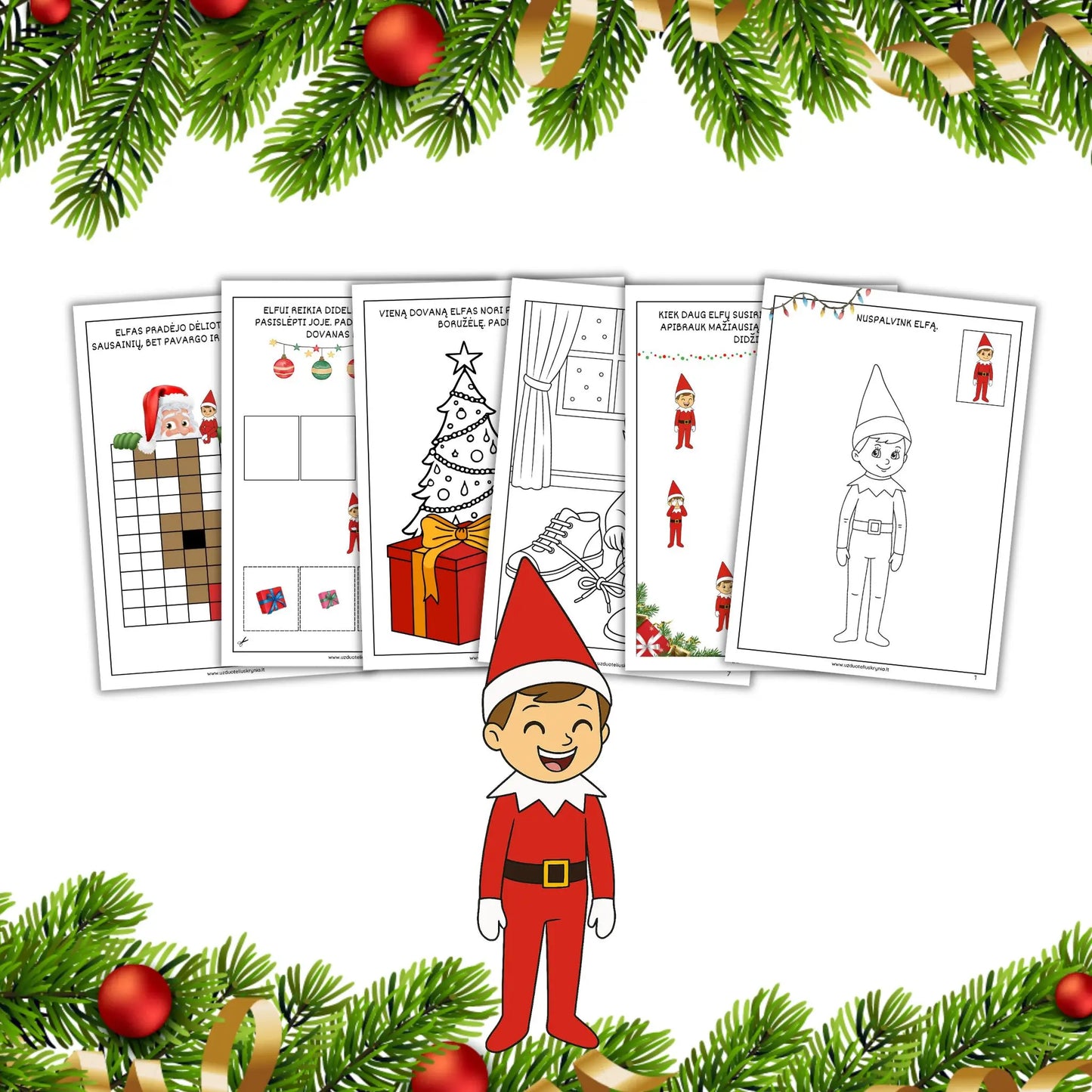 Kalėdinės užduotėlės ir spalvinimo paveikslėlliai vaikams apie išdaigininką elfą pdf formatu.