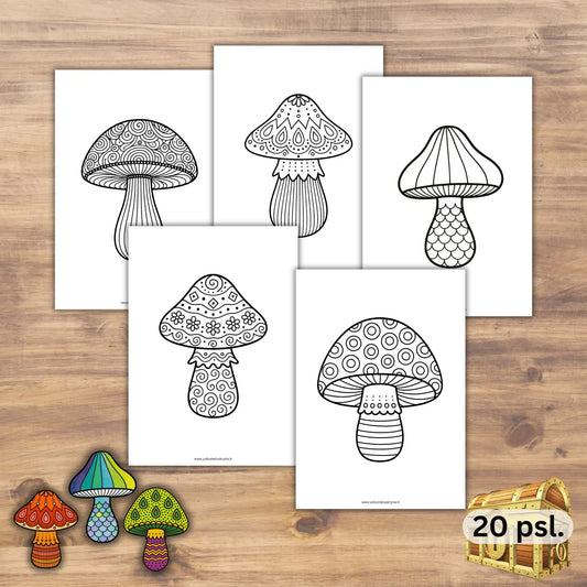 Grybai spalvinti. Grybų mandalos pdf formatu. Tinka vaikams ir suaugusiems.