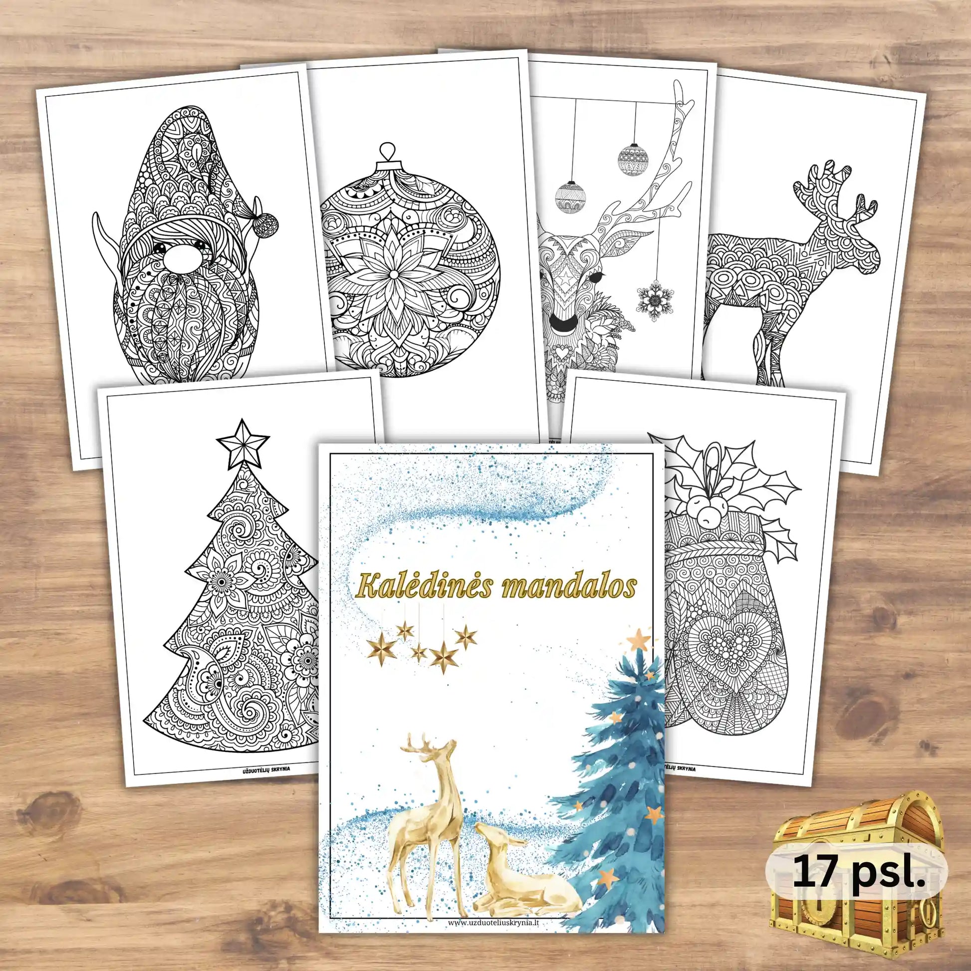 Kalėdinės mandalos spalvinimui PDF formatu – 17 lapų rinkinys. Tinka vaikams ir suaugusiems.