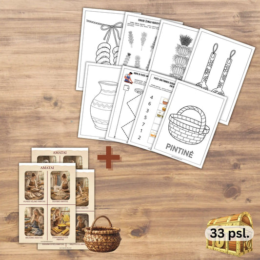 Kaziuko mugės užduotėlės su verbos, vazos, pintinių, šaukšto ir švilpuko šablonais spalvinimui. Lavinamosios amatų kortelės.