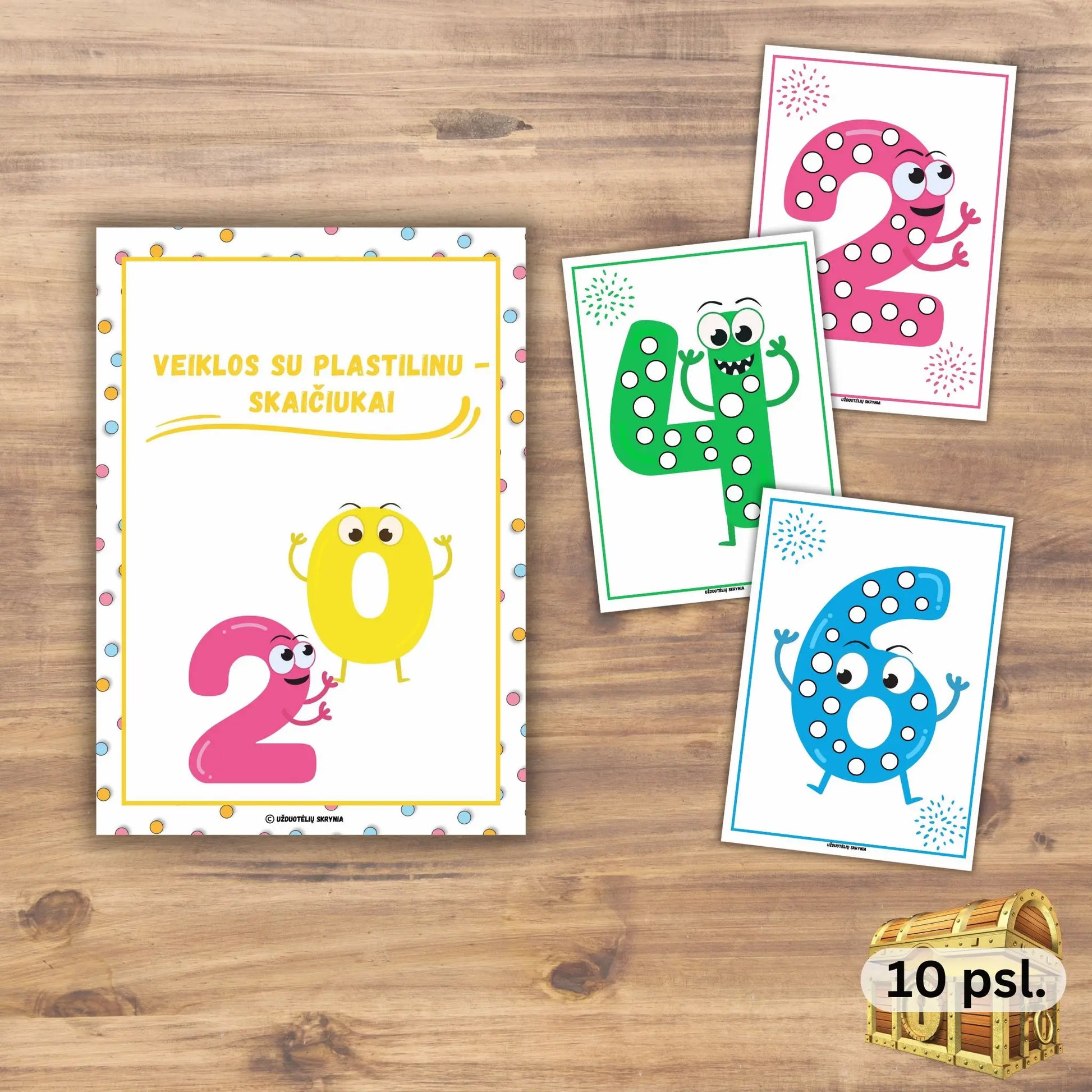 Knygelė skaičių mokymui, PDF. Veikla su plastilinu - taškelius reikia užpildyti plastilinu. Lavina smulkiąją motoriką ir dėmesio koncentraciją. 