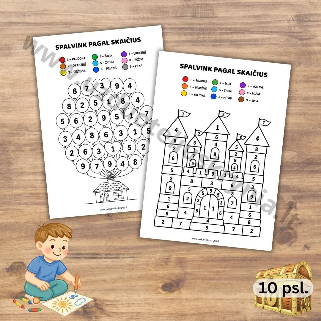 Spalvinimas pagal skaičius vaikams nuo 5 metų, pdf formatas.