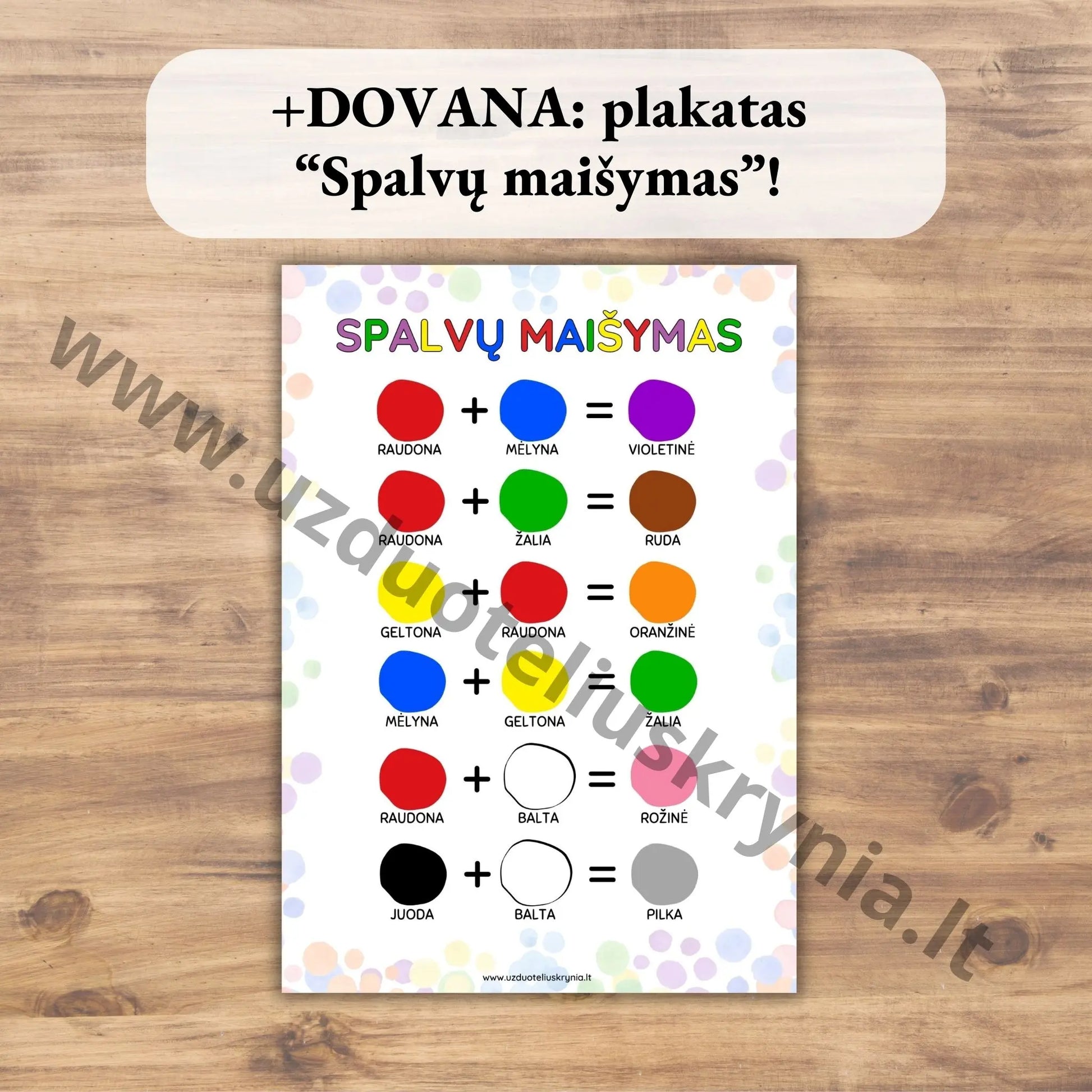 Užduotėlės apie spalvas ikimokyklinukams atsispausdinti. Spalvų maišymo plakatas.