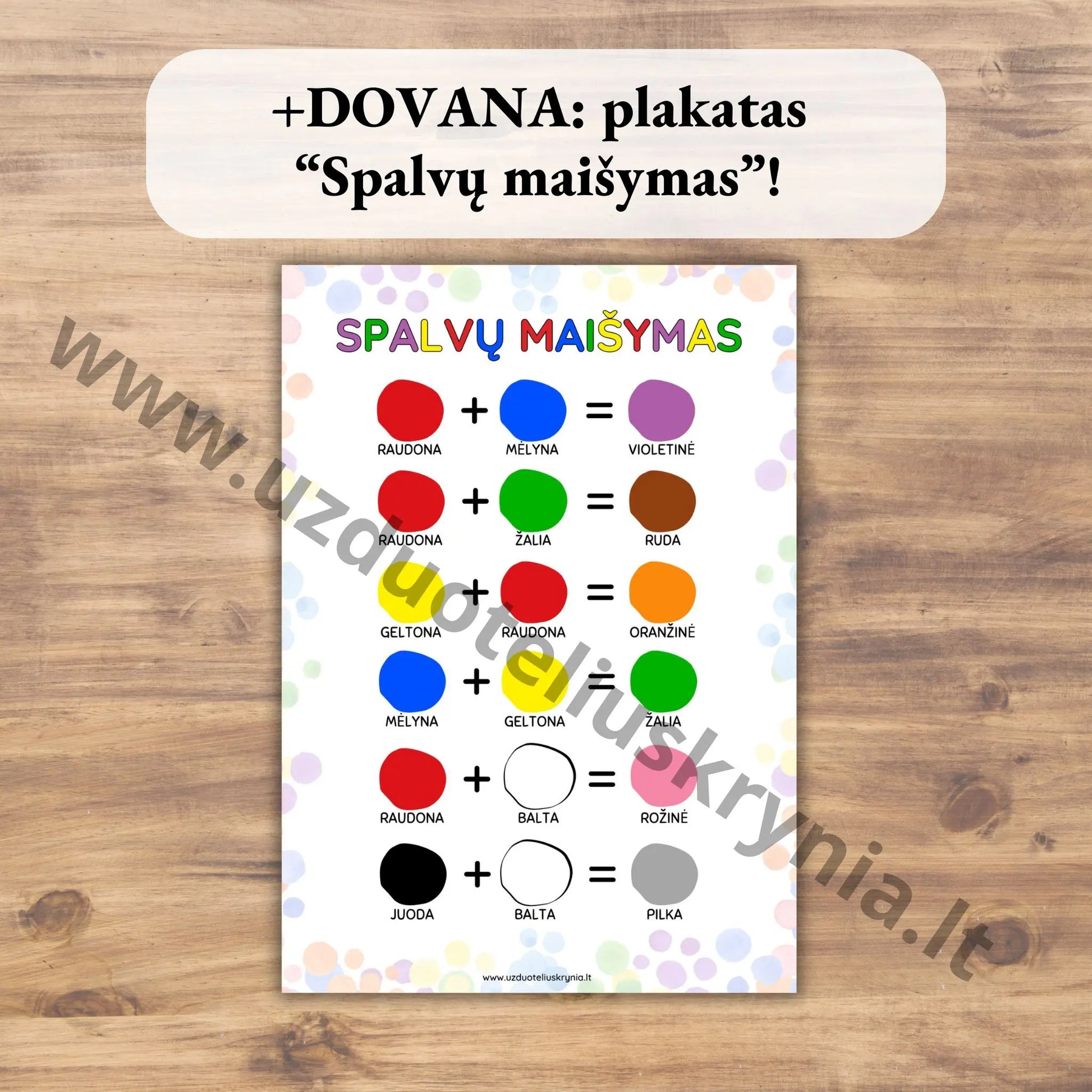 Užduotėlės apie spalvas ikimokyklinukams atsispausdinti. Spalvų maišymo plakatas.