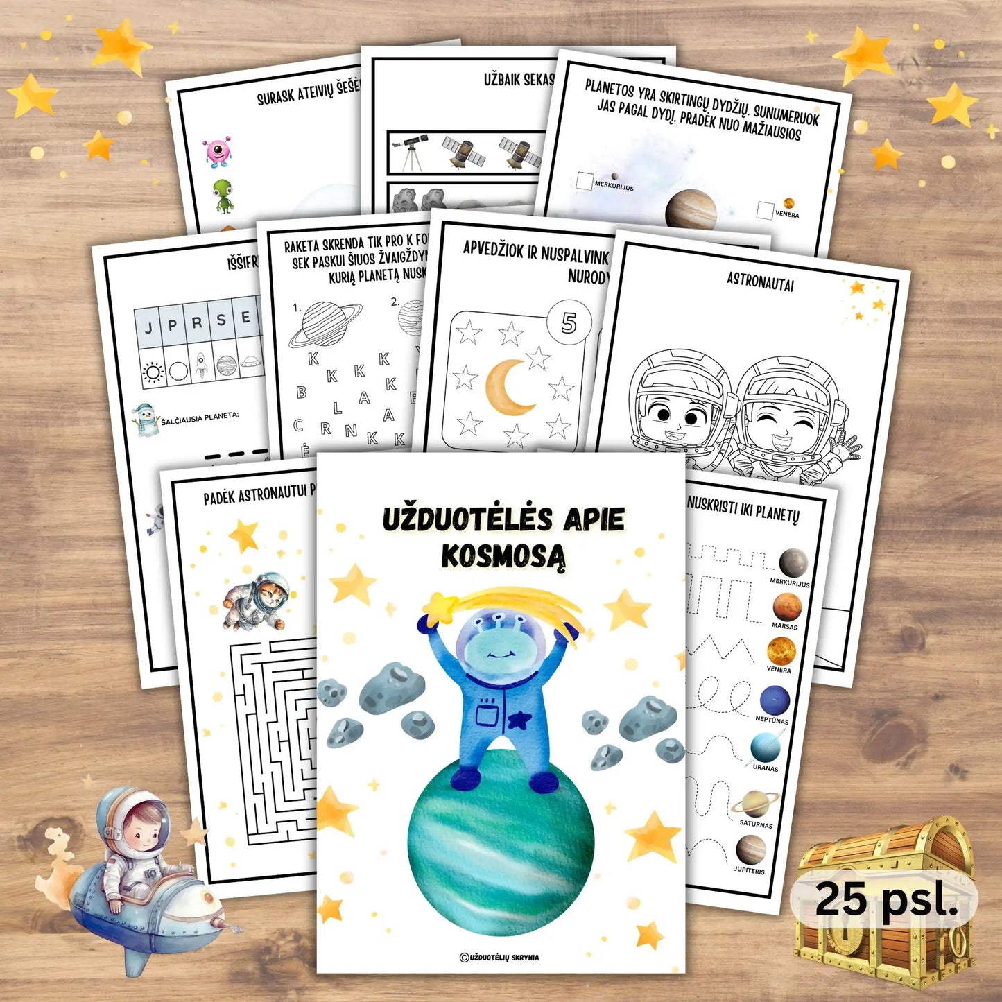Užduotėlės vaikams apie kosmosą, ateivius, žvaigždes, planetas, astronautus ir raketas PDF formatu.