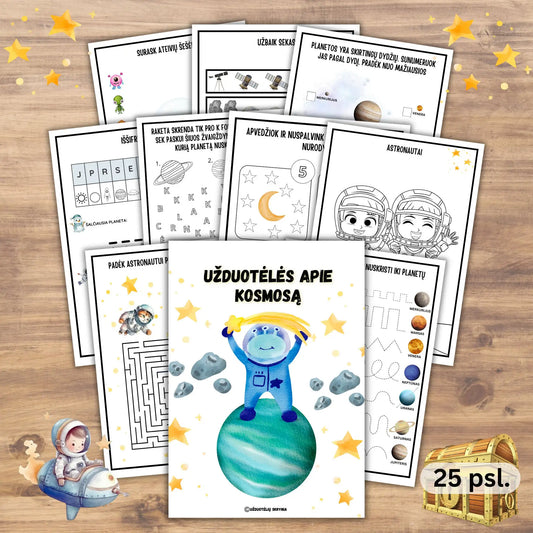 Užduotėlės vaikams apie kosmosą, ateivius, žvaigždes, planetas, astronautus ir raketas PDF formatu.