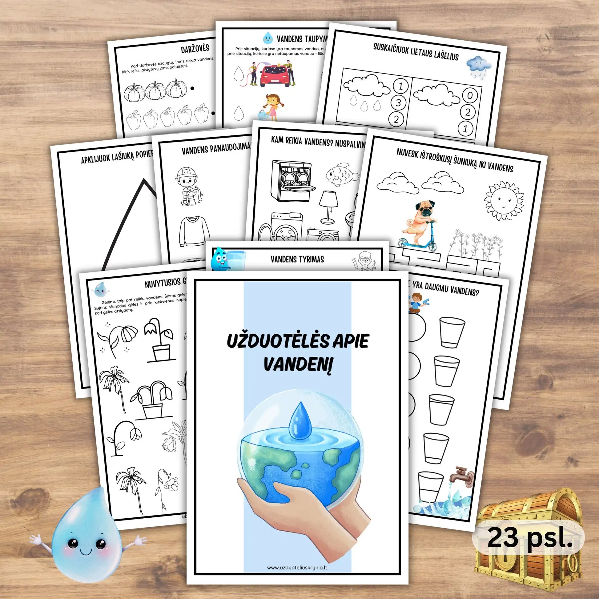 Spausdinamos užduotys apie vandenį vaikams.