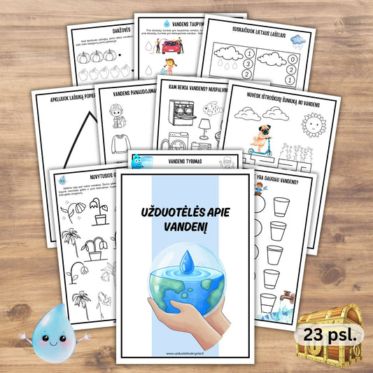 Spausdinamos užduotys apie vandenį vaikams.