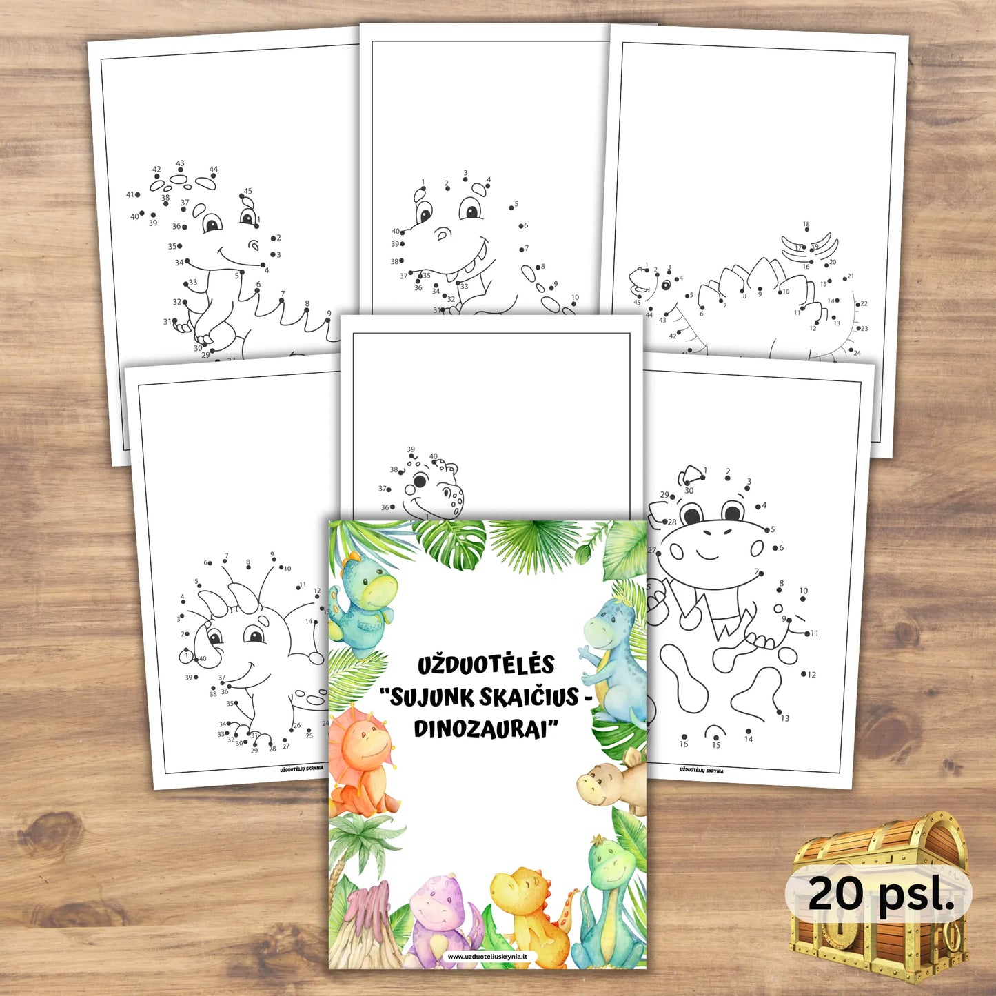 Užduotėlė vaikams - junk taškus pagal skaičius su dinozaurais, pdf formatu.