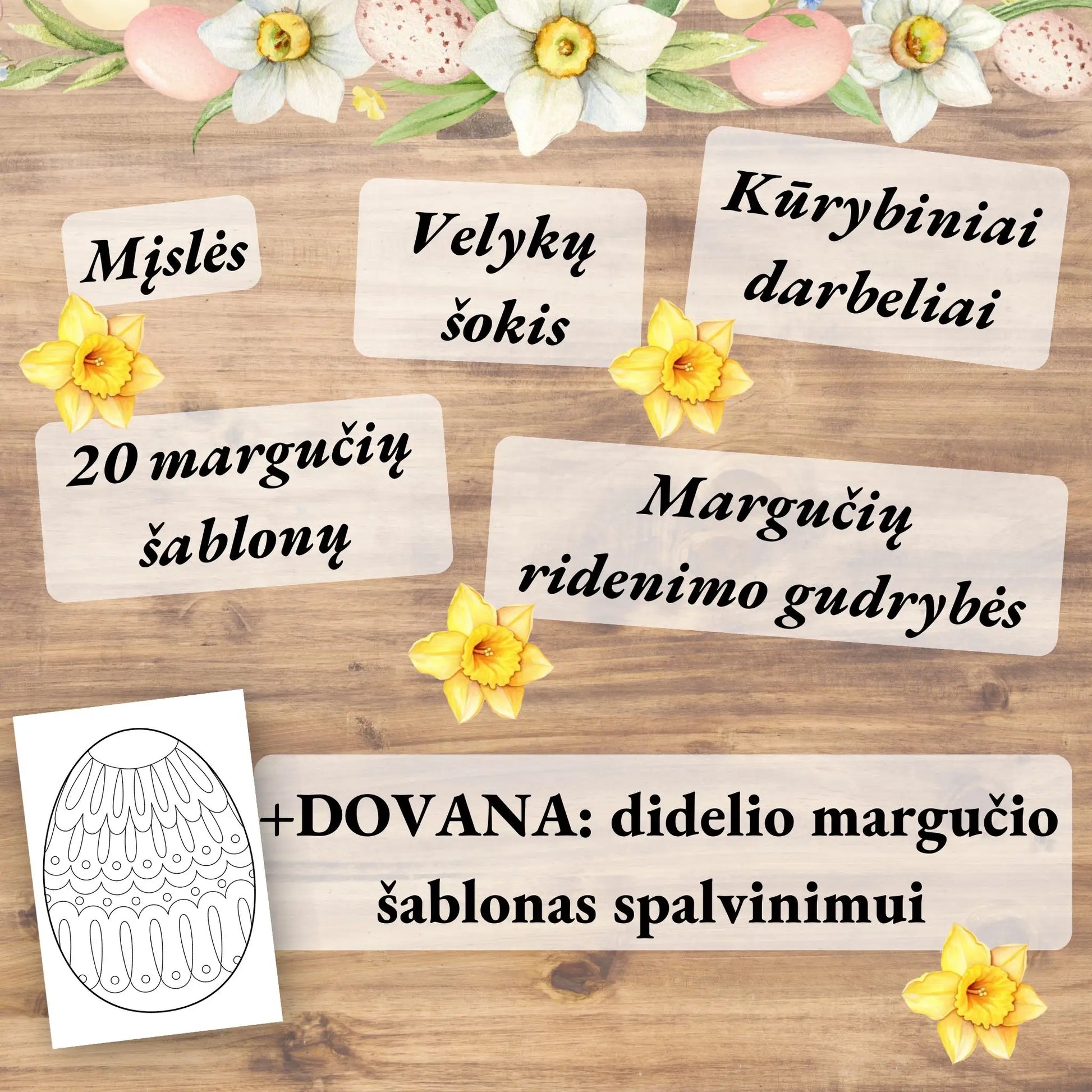 Edukacinis Velykų užduočių rinkinys 3–6 metų vaikams su spalvinimo lapais, mįslėmis, labirintais ir skaičiavimo užduotimis.
