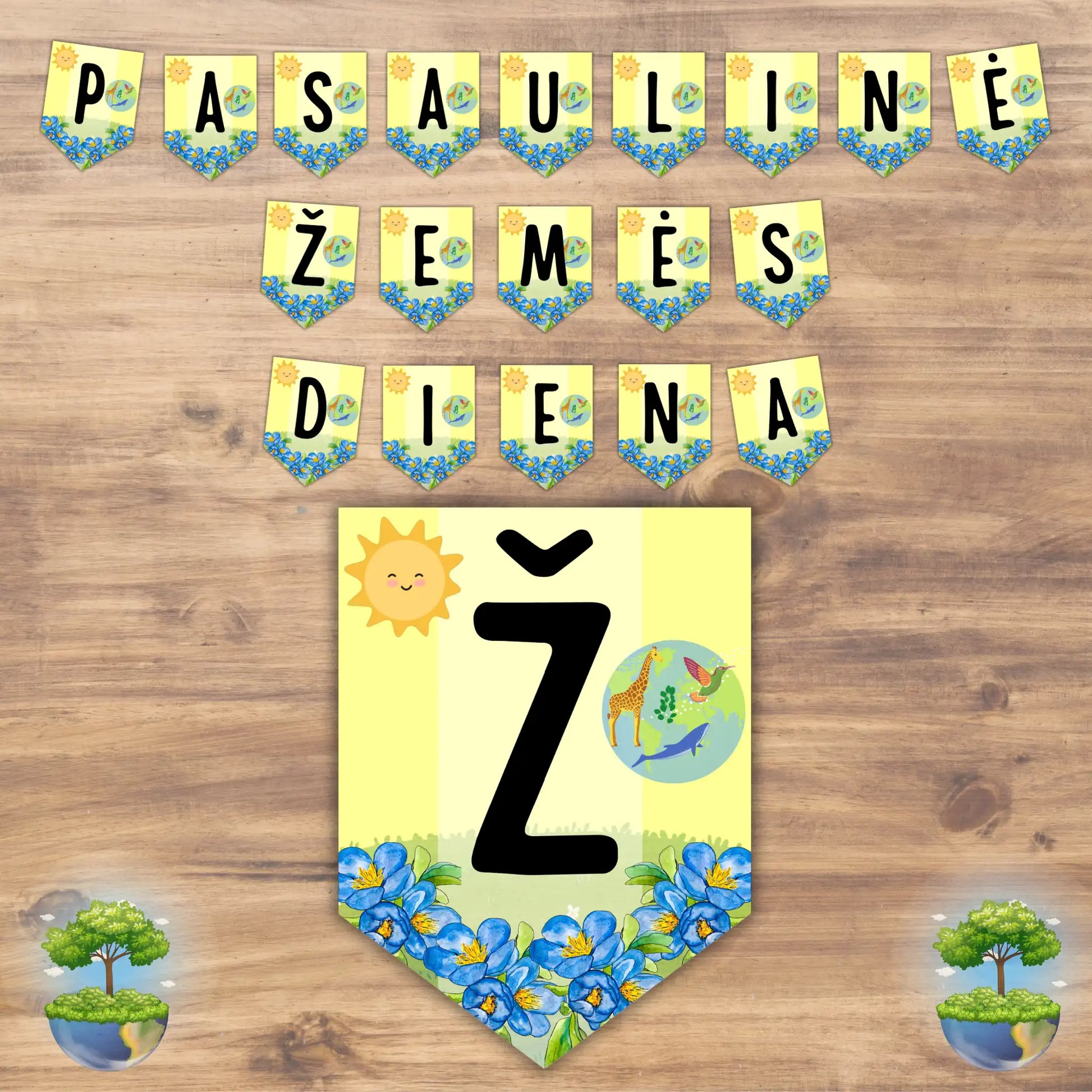 Pasaulinės žemės dienos vėliavėlių girlianda, PDF. Paruošta atsispausdinti.